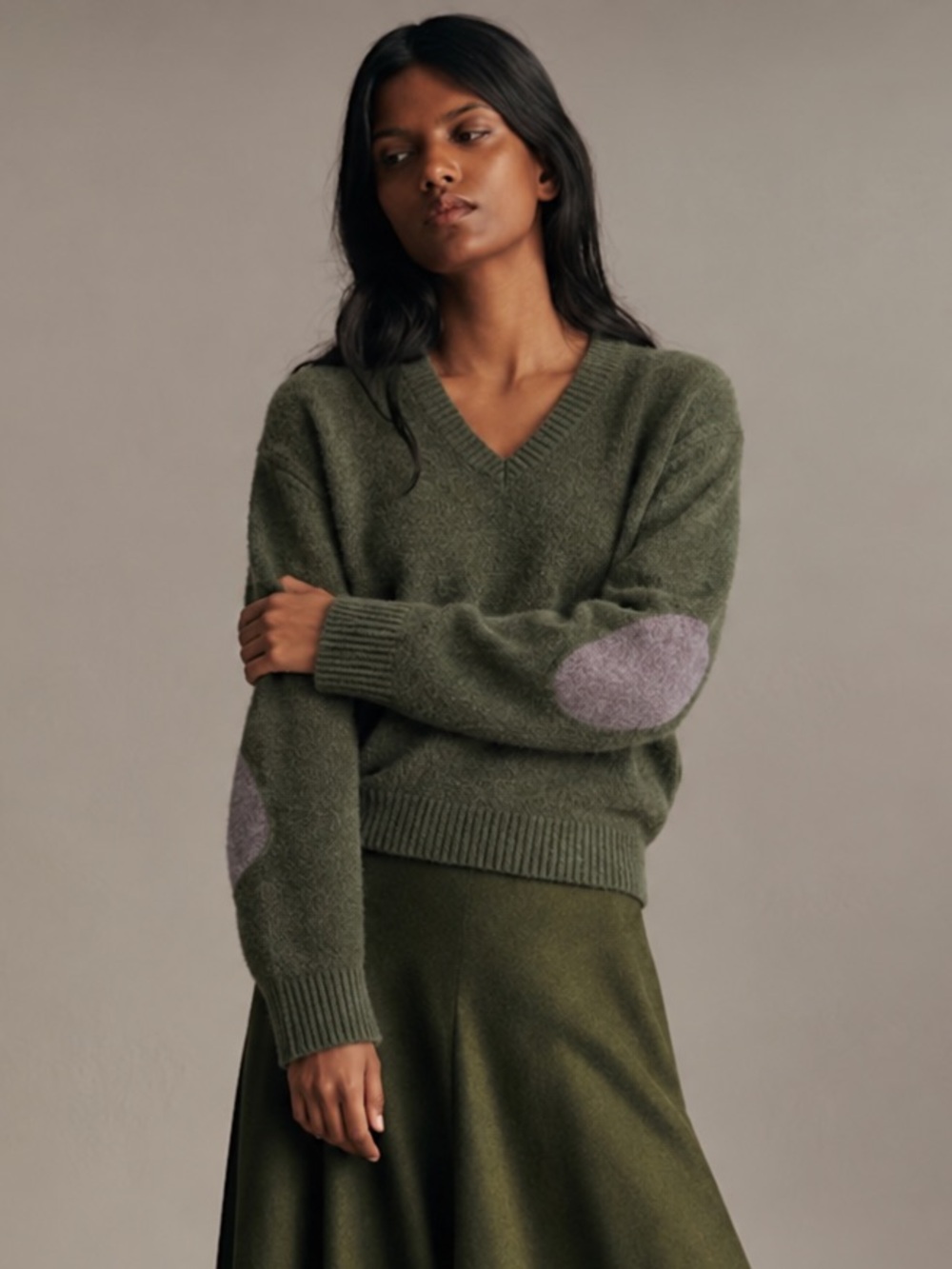 Lambs Wool Olive V-Neck Elbow Patch Sweater Like New